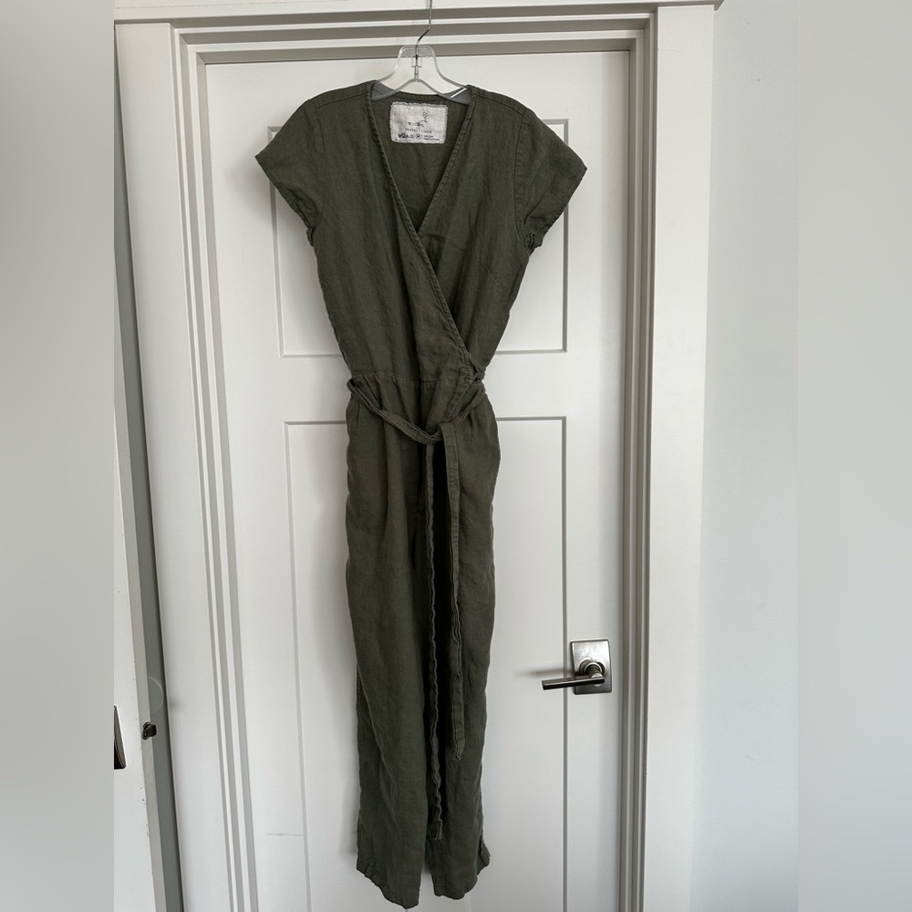 notPERFECTLINEN Olive Green Linen Wrap Jumpsuit